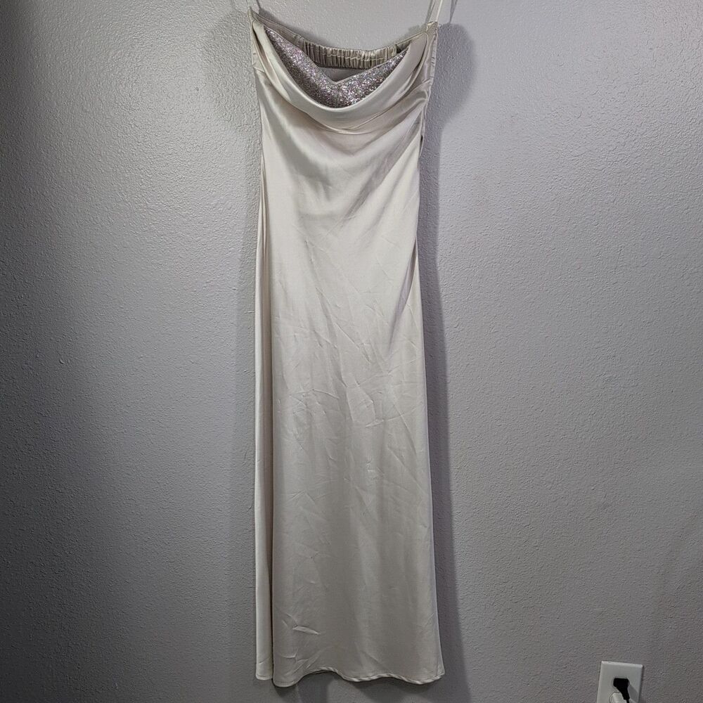 Prom dress Hoco Satin Y2k Crystal Drape Sz S‎ Sequins Beige Maxi Strapless 127